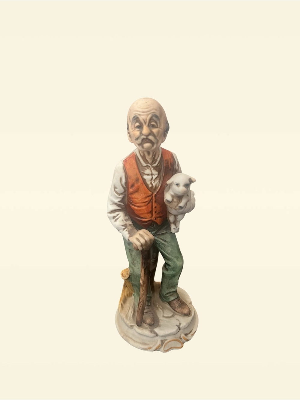 Vintage Hand-Painted Bisque Porcelain Old Man & Pig Figurine